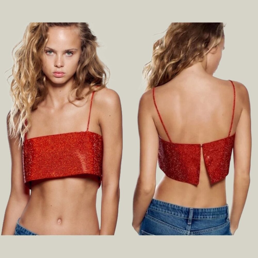 NWT Zara Red Shimmery Rhinestone Party Crop Top XS-S
